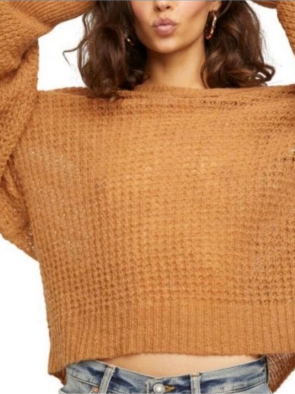 Free People “Lulu” Open Knit V-Neck Cropped Sweater